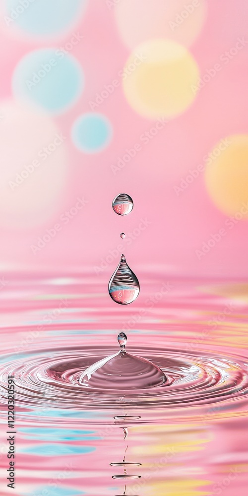 Poster stunning water droplet creating ripples on colorful background with soft bokeh effect and reflection