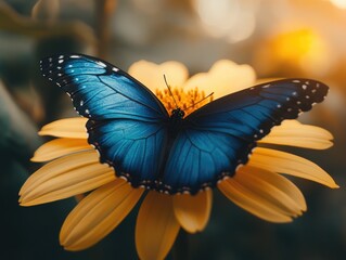 Fototapeta premium Blue Butterfly on Yellow Flower,