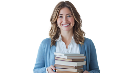 Smiling Woman Holding Stack of Books, Education, Knowledge, Learning isolated on transparent background
