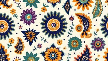 Vibrant Paisley and Floral Motif Wallpaper Bold Medallions and Geometric Chevrons on Pale Ivory Background