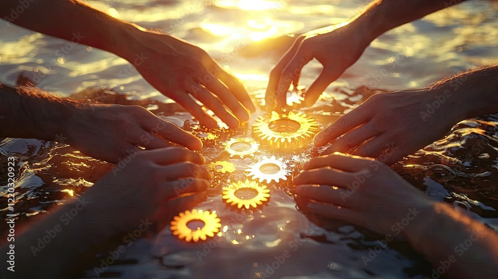 Poster hands connect gears in a stunning sunset, symbolizing teamwork and innovation. the warm light reflec