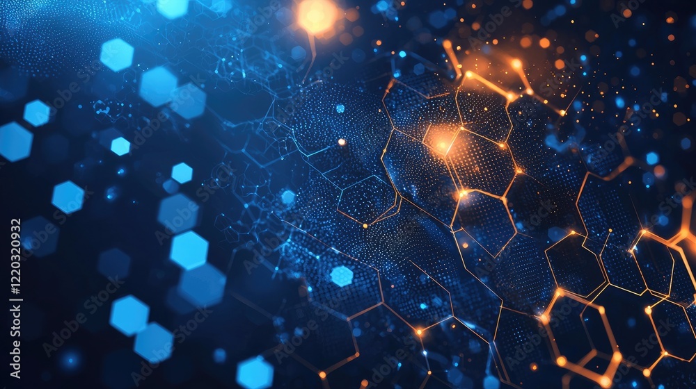 Poster A captivating abstract background featuring hexagonal shapes and flowing lines illuminated by bright effects against a deep blue backdrop. Ideal for various digital proje