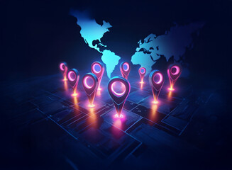 Glowing location markers encircle a digital world map, symbolizing global connectivity and network reach.  The scene is rendered with vibrant neon colors on a dark background.