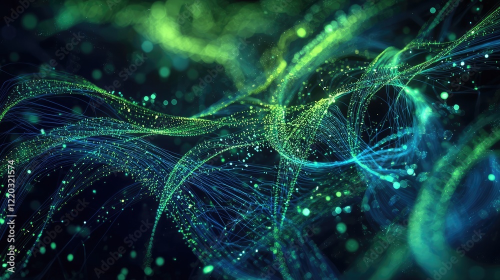 Aufkleber This image showcases an abstract representation of financial trends and analytics through dynamic line graphs and charts in rich blue and green tones, ideal for technolog