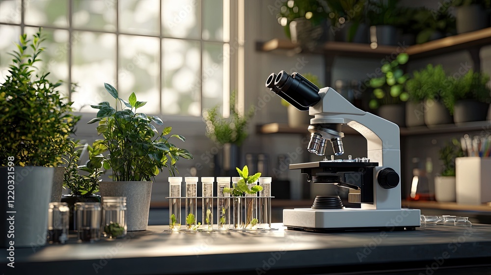 Aufkleber A modern microscope positioned near test tubes containing various plant samples, emphasizing the connection between science and nature in a laboratory environment.