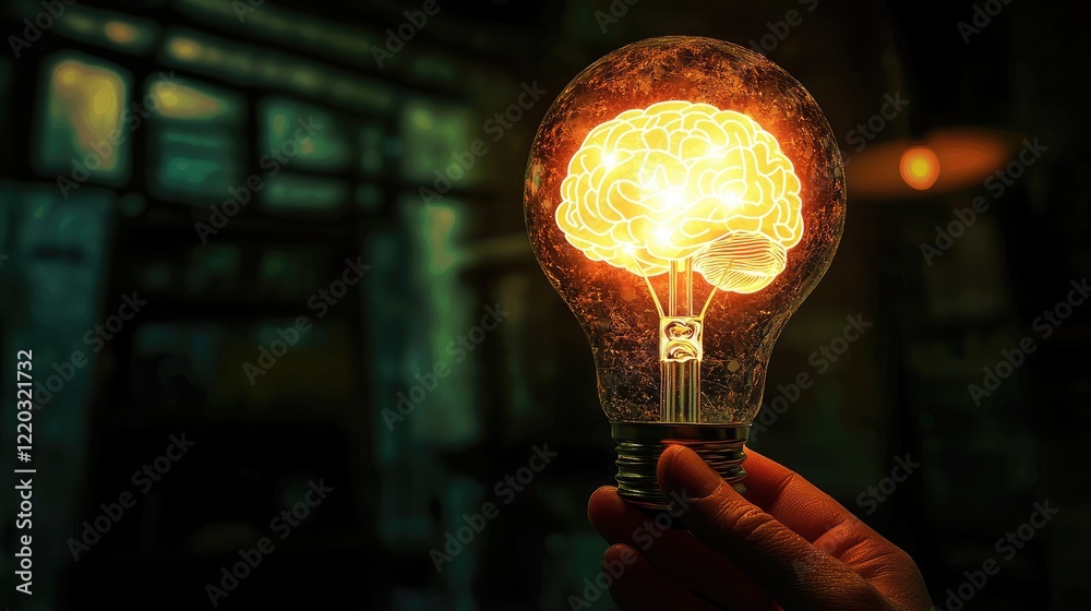 Poster a person holds a glowing light bulb with a brain illustration, representing creativity and innovatio