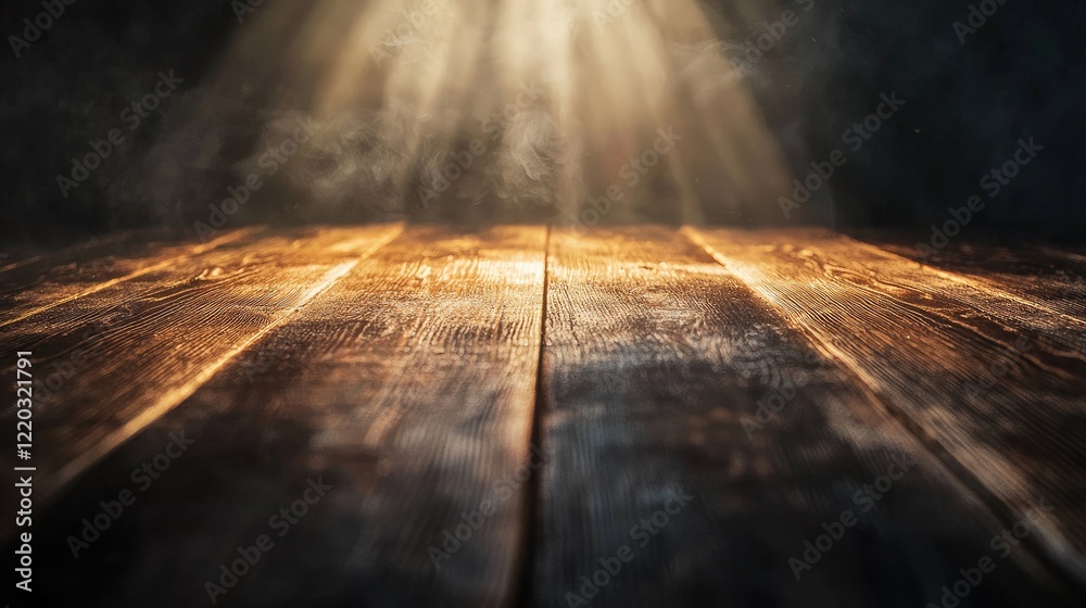 Fototapete captivating wooden table surface highlighted by dramatic light rays in a dark atmosphere, ideal for 