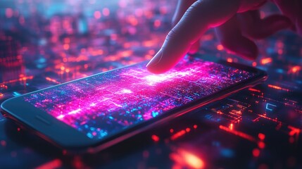 Futuristic Touchscreen Technology: Hand Interacting with Neon Digital Interface