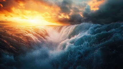 Fototapeta premium Experience the awe-inspiring beauty of Seljalandsfoss, a waterfall in Iceland, captured during sunrise with vibrant clouds and sunlight enhancing the picturesque landscap