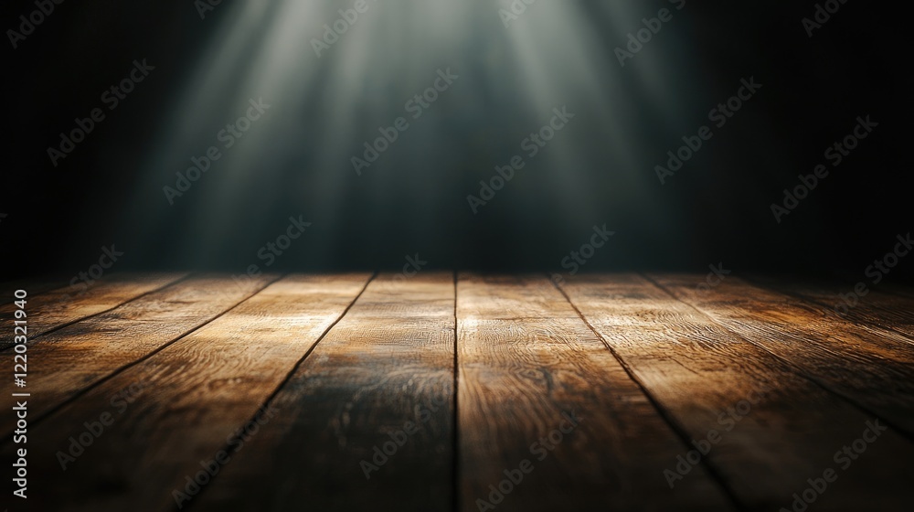Poster Captivating wooden table surface highlighted by dramatic light rays in a dark atmosphere, ideal for creating striking backgrounds or showcasing products and designs.