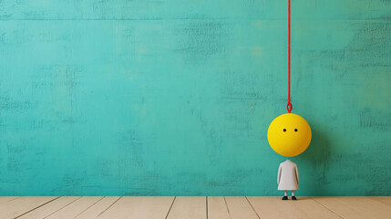 A whimsical character with a yellow ball head hangs against a turquoise wall in a minimalist setting.