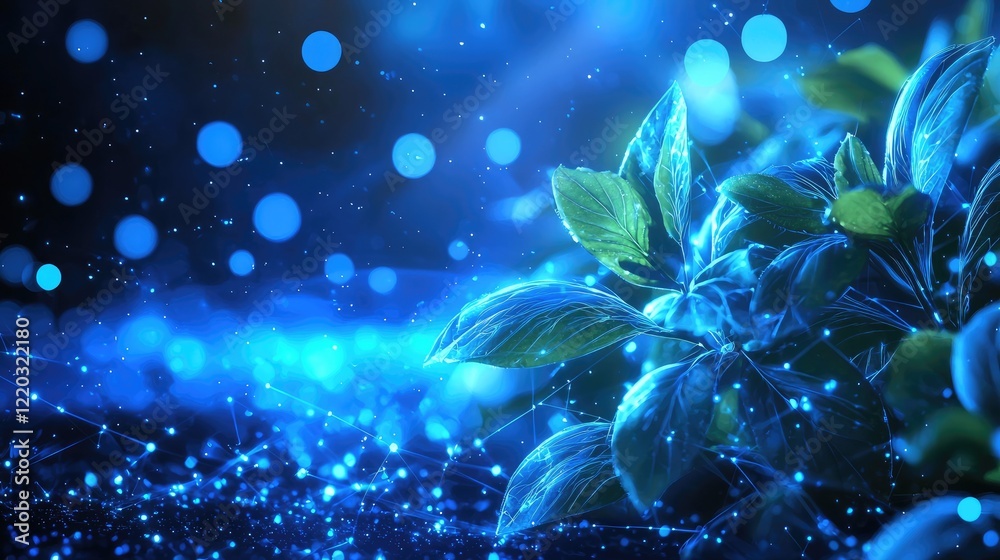 Poster This abstract digital background features dynamic glowing lines and dots in blue, symbolizing the concepts of technology, connectivity, and modern design in a digital lan