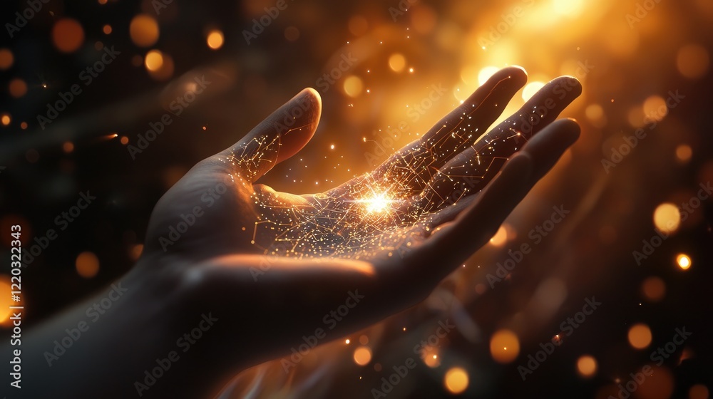 Poster A hand reaching towards a glowing point symbolizes the interaction between humans and technology, illustrating themes of digital connectivity and innovation in a modern c