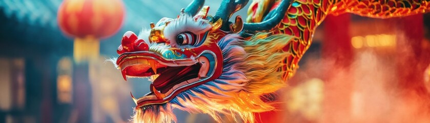 Obraz premium A dragon dance celebrates the Lunar New Year in vibrant detail.