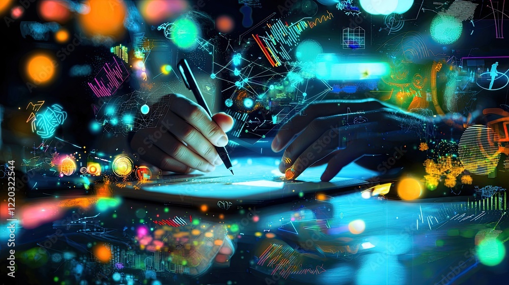 Poster A professional workspace featuring hands using a smartphone and writing in a notebook, surrounded by icons that represent innovation, data analysis, and creative thinking