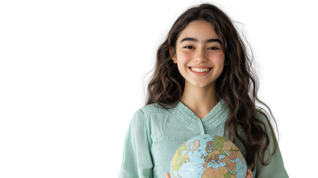 Smiling Girl Holds Earth Globe, Global Education Concept isolated on transparent background