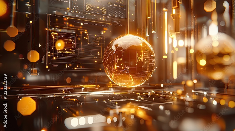 Fototapete This digital artwork depicts a futuristic data interface featuring geometric shapes and various graphs, perfect for technology and innovation themes in science fiction.