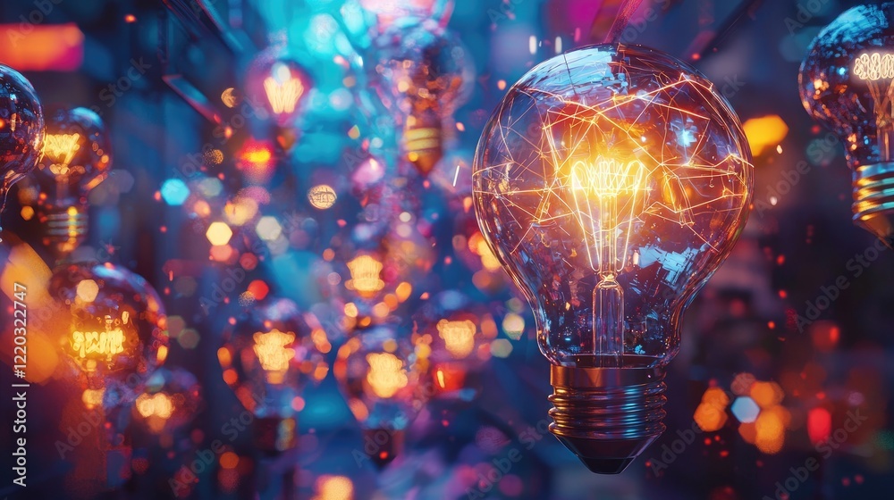 Leinwandbilder A captivating image featuring an illuminated light bulb surrounded by various creative symbols and images, encapsulating the essence of innovation and modern technology i