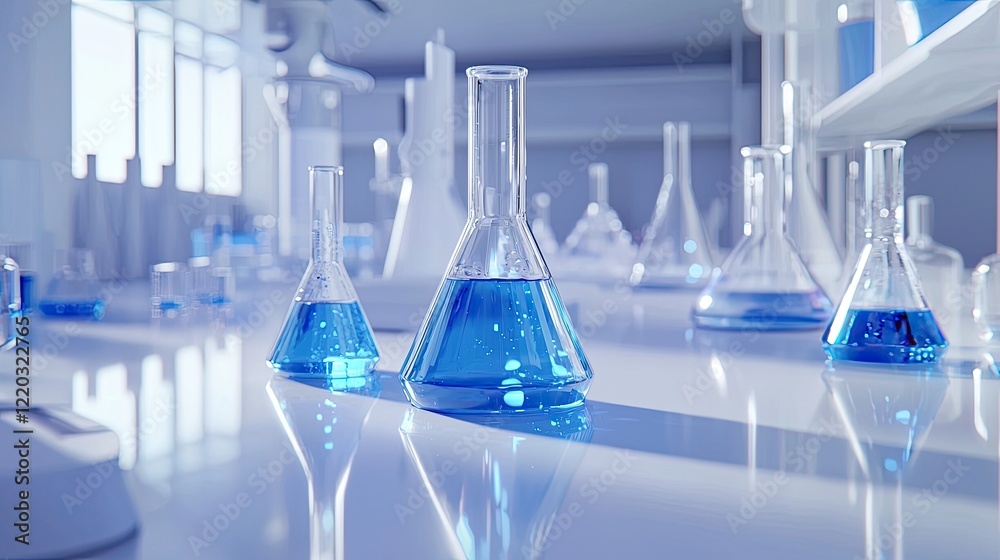 Poster a vibrant laboratory scene featuring glass test tubes and flasks filled with blue liquid on a clean 