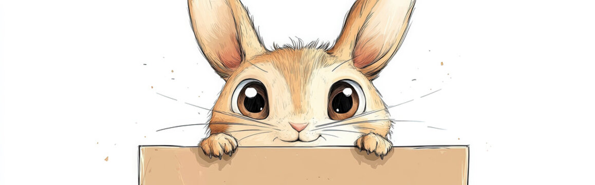 A playful illustration of a Mini Rex sitting inside a box, with large, curious eyes and exaggerated whiskers, drawn in a whimsical, child-friendly style