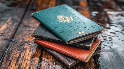 Stack of wet passports on a wooden surface, showcasing the effects of rain on leather covers.