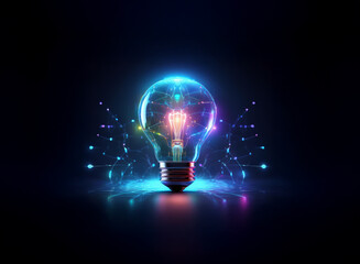 A glowing lightbulb, vibrant with blue and purple hues, sits on a dark reflective surface.  Intricate network connections subtly emanate from its base, symbolizing innovation and interconnected ideas.