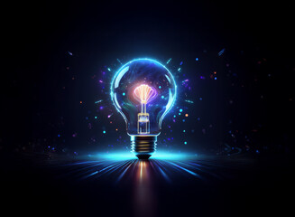 A glowing lightbulb, filled with vibrant cosmic energy, illuminates the dark.  Particles burst from it, suggesting innovation and brilliance.