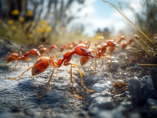 A close-up view of ants marching along a path in a natural setting under bright sunlight.