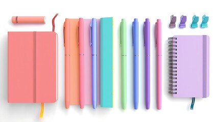 Naklejka premium A colorful set of notebooks and matching pens, displayed neatly on a white background.