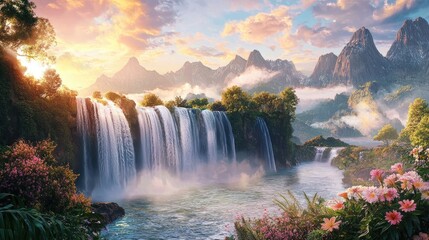 Explore a breathtaking scene of majestic waterfalls cascading into a vibrant river, surrounded by flourishing flowers and stunning mountains under a pastel sky.