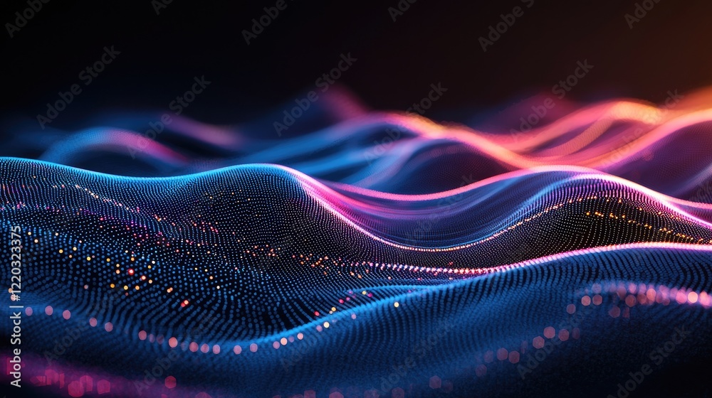 Poster Experience a mesmerizing abstract digital background featuring glowing lines and data streams that evoke a futuristic cityscape at night. Perfect for tech-themed projects