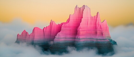 Abstract Pink   Blue Layered Mountain Landscape in Clouds