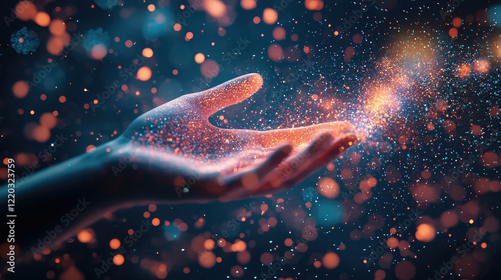 Aufkleber a hand reaches out towards a glowing light and swirling digital particles, representing the intersec