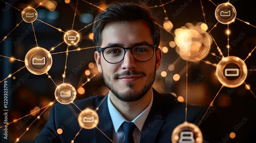 Poster A businessman interacts with a smartphone displaying virtual network icons, highlighting digital trends and modern communication methods in a connected environment.