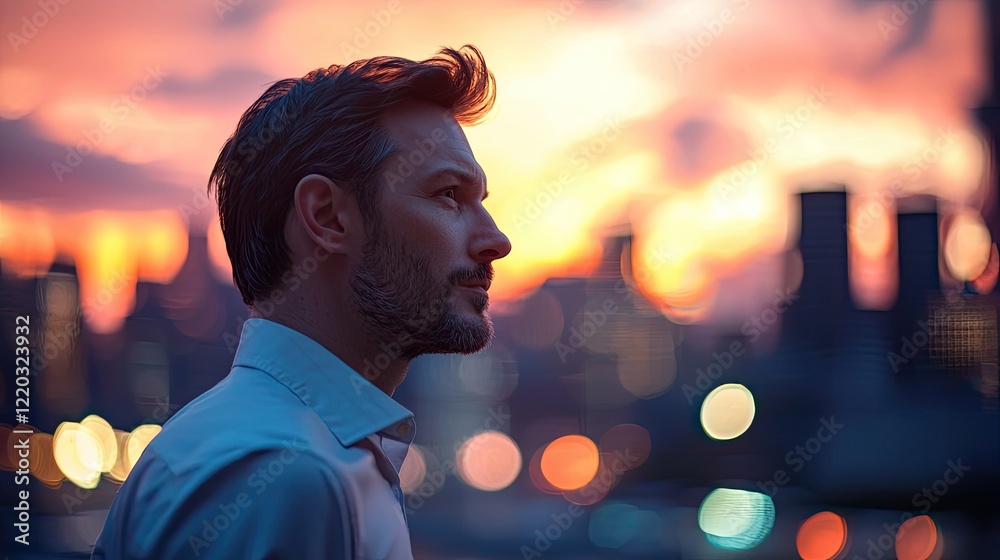 Poster a profile view of a thoughtful professional man overlaid with a vibrant city skyline, symbolizing am