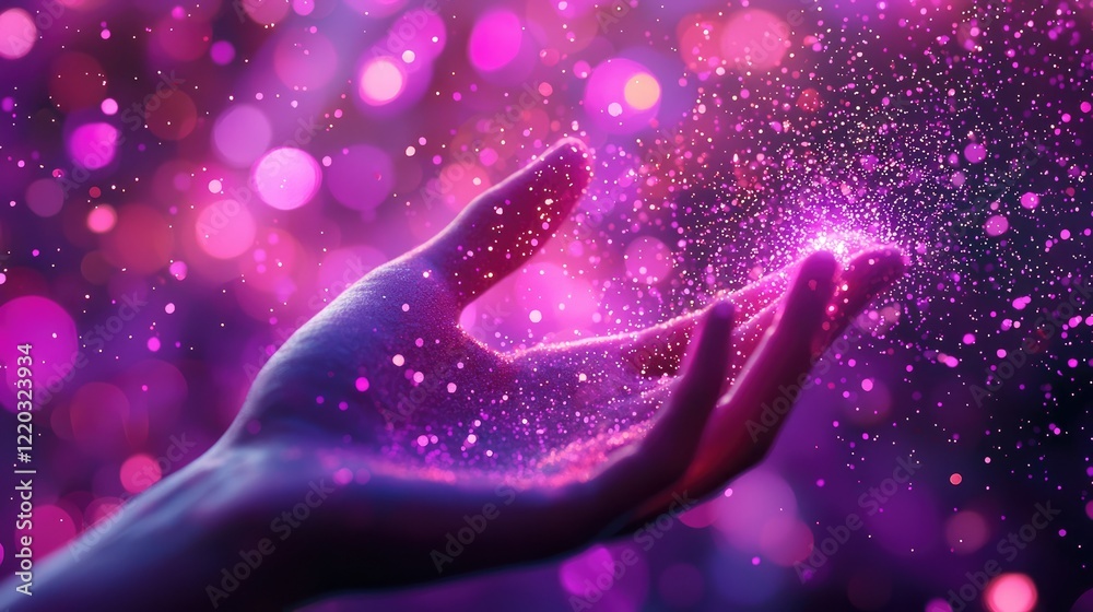 Poster a captivating visual of a human hand reaching towards luminous abstract particles, set against a cos