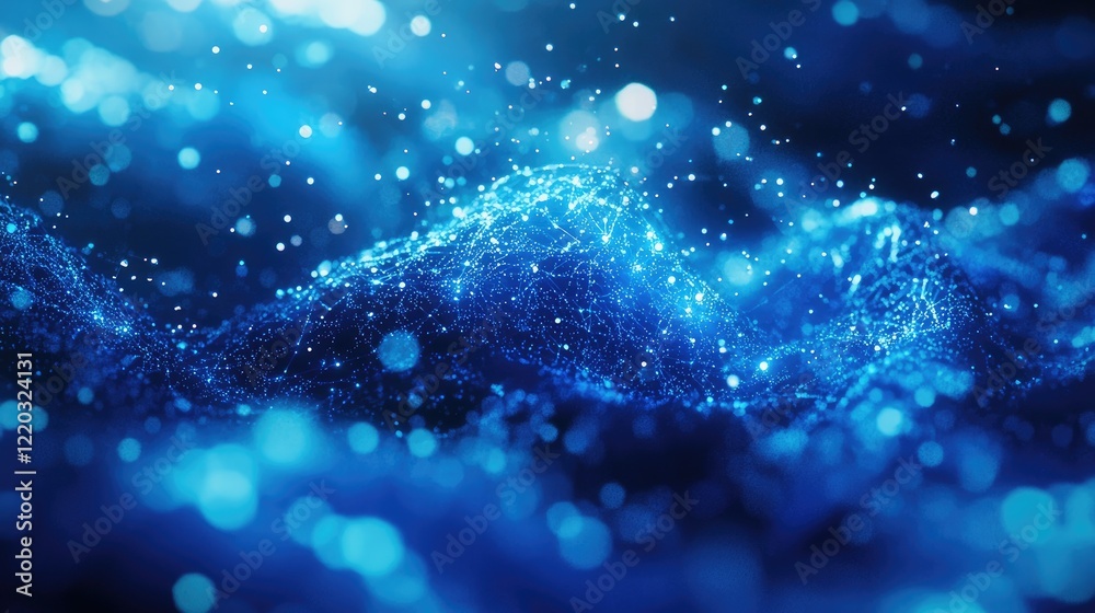 Poster This image features an abstract representation of digital data flow with light particles in a blue space, perfect for technology-themed projects, presentations, or digita