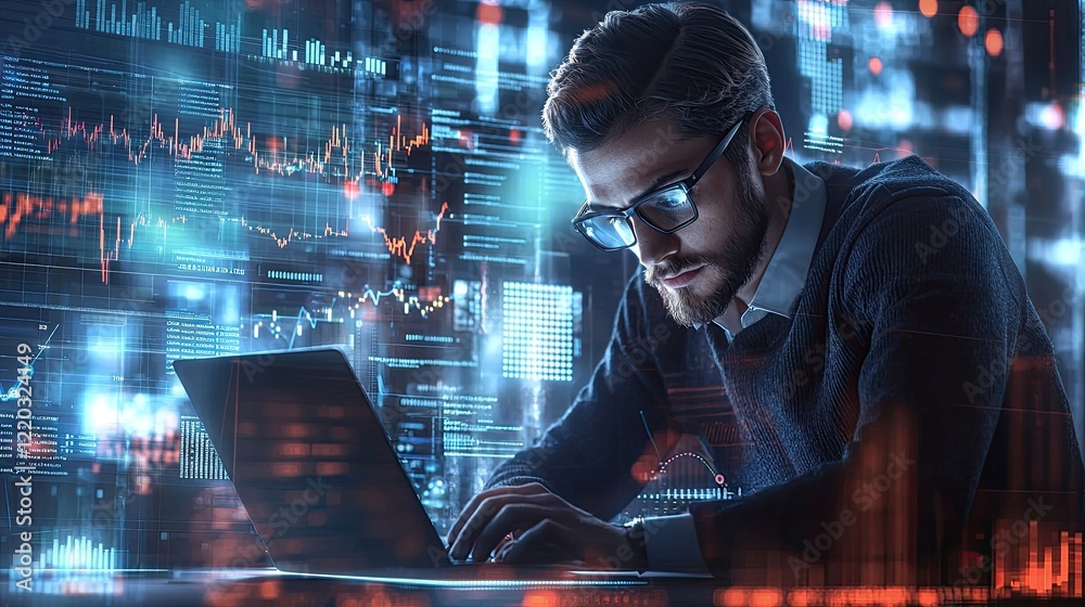 Poster A business professional engages in data analysis on a laptop, surrounded by digital graphs and statistics, symbolizing modern workplace efficiency and insight generation.