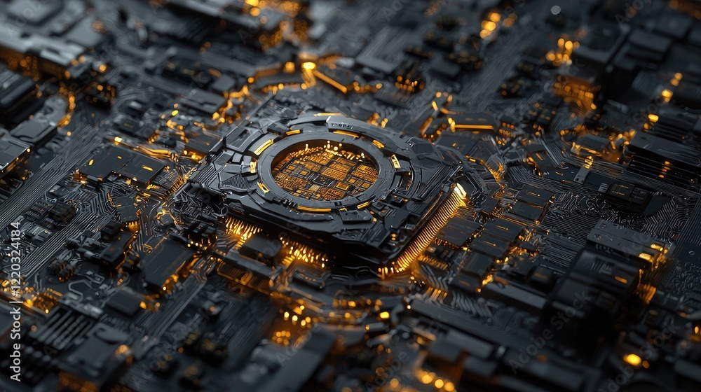 Poster A striking close-up image of a central processing unit surrounded by intricate circuitry, showcasing the essence of modern technology and innovation in computing systems.