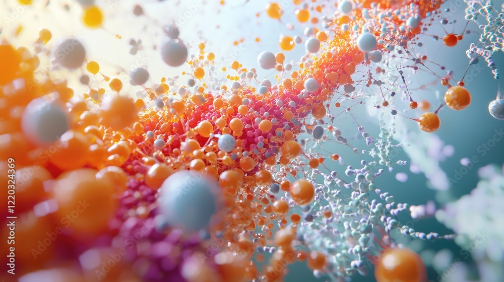 Poster Explore a captivating digital representation showcasing DNA strands and molecular structures, combining science and technology in a visually stunning composition.