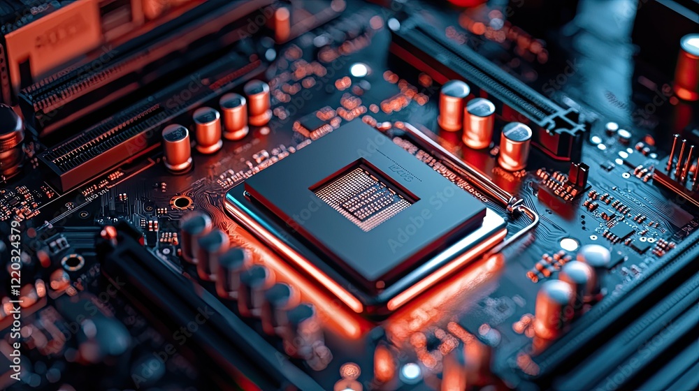 Poster A striking close-up image of a central processing unit surrounded by intricate circuitry, showcasing the essence of modern technology and innovation in computing systems.
