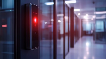Biometric access control device with red light indicator in a modern office hallway