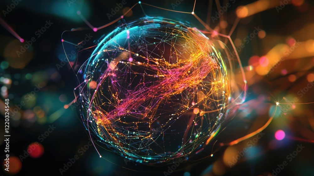 Fototapete Explore a captivating visualization of digital networks featuring a colorful wireframe globe and flowing data connections set against a dark background. Perfect for techn