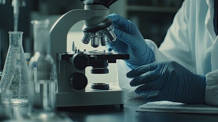 Professional scientist in blue gloves adjusts microscope for detailed observation in a laboratory, emphasizing precision and care in scientific research activities.