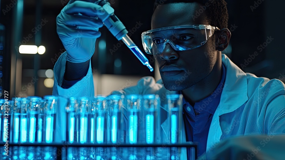 Poster A focused scientist prepares for experimentation in a modern laboratory by using a pipette to transfer blue liquid into test tubes, showcasing meticulous research practic
