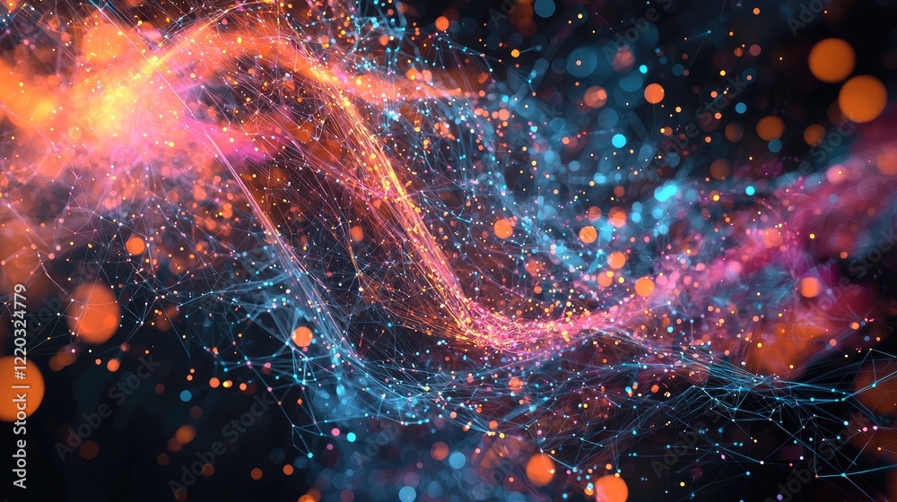 Fototapete Explore a captivating visualization of digital networks featuring a colorful wireframe globe and flowing data connections set against a dark background. Perfect for techn
