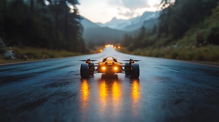 Orange Drone Car on Wet Road Mountain Background