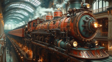 Ornate Steam Locomotive in Grand Train Station