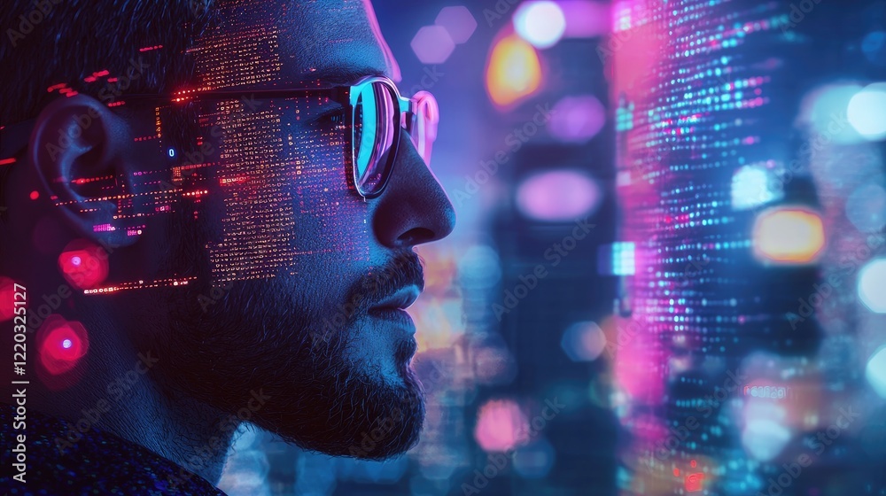 Poster A striking profile image of a man with glasses, featuring a vibrant cityscape and digital data overlay, symbolizing modern technology and innovative thinking.