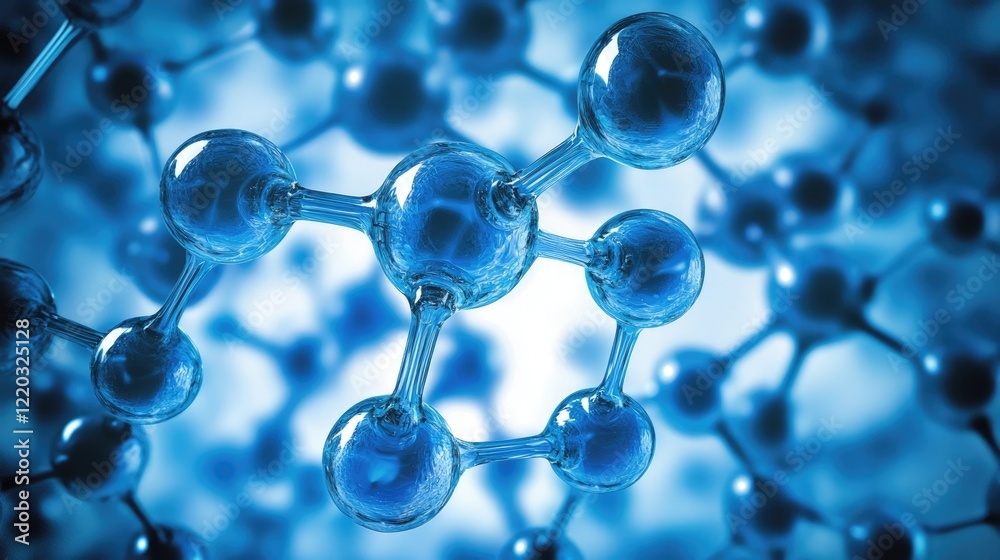 Aufkleber This image depicts an abstract molecular structure with interconnected atoms, emphasizing the dynamic relationships within a scientific context, featuring appealing blue
